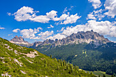 View of Drei Zinnen and Cadinspitze, Province of Belluno, Alto Adige, South Tyrol, Alps, Dolomites, Ampezzo Dolomites Nature Park, Sesto Dolomites, Veneto, Veneto, Italy