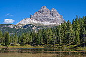 Lago de Aotomo with Drei Zinnen, Province of Belluno, Alto Adige, South Tyrol, Alps, Dolomites, Ampezzo Dolomites Nature Park, Sesto Dolomites, Veneto, Veneto, Italy