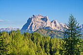 View of Monte Pelmo from the climb to Sfornioi Nord in the Bosconero Group, Province of Belluno, Alto Adige, South Tyrol, Alps, Dolomites, Veneto, Veneto, Italy