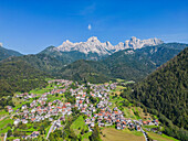 Aerial view of La Valle Agordina with the Tamer Group, Belluno Province, Alto Adige, South Tyrol, Alps, Dolomites, Veneto, Veneto, Italy