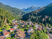 Aerial view of Fusine in the Val di Zoldo with the Pramper group, Province of Belluno, Alto Adige, South Tyrol, Alps, Dolomites, Veneto, Veneto, Italy