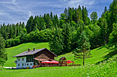 Jausenstation Tiefenbachklamm mit Terrasse, Tiefenbachklamm, Brandenberger Ache, Rofan, Tirol, Österreich