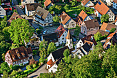 Deep view from the Günzelsburg castle ruins to Weiler im Achtal, Blaubeuren, Swabian Alb, Baden-Württemberg, Germany