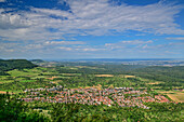 View from Teck Castle to Owen, Teck Castle, Teck, Swabian Alb, Baden-Württemberg, Germany