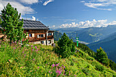 Gamshütte mit Zillertaler Alpen im Hintergrund, Gamshütte, Zillertaler Alpen, Tirol, Österreich