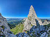Panorama with two people hiking in the Kleiner Törl in front of Törl towers, from the Kleiner Törl, Kaisergebirge, Tyrol, Austria
