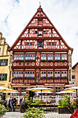 Dinkelsbühl, wine market, historical half-timbered structure, artfully preserved, built, 1440, - renovated, 1543, - 1705, - 1877, - 1951, 1984, - 2011, romantic street, Bavaria, Germany