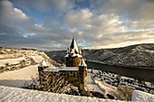  Wintry mood in Bacharach, Stahleck Castle, the vineyards and the Rhine Valley, Upper Middle Rhine Valley, Rhineland-Palatinate, Germany 