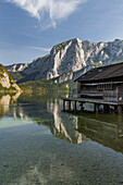 Blick auf die Trisselwand, Bootshaus, Altausseer See, Altaussee, Salzkammergut, Steiermark, Österreich