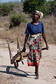Einheimische Frau mit einfachem Holzkarren, in der Nähe von Morondava, Menabe, Madagaskar, Indischer Ozean