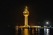  Illuminated Jeddah Port Control Tower in the port at night, Jeddah, Saudi Arabia, Middle East 
