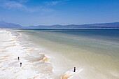  Aerial view of people walking along the salt pans at Lake Assal, near Arta, Djibouti, Middle East 