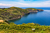 Lavafelsen und landwirtschaftliche Felder erstrecken sich weit in das azurblaue Meer hinaus auf einer Halbinsel im Osten der portugiesischen Insel Flores, Azoren, Portugal.