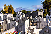 Viele unterschiedliche Gräber und Kapellen auf dem architektonisch interessanten Friedhof von Punta Arenas, Chile, Patagonien