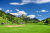  Valley floor of the Thur with Wildhuser Schafberg in the background, Alt St. Johann, Alpstein, Appenzell Alps, Toggenburg, St. Gallen, Switzerland 