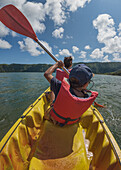  Kayaking at Lagoa Azul in Sete Cidades on the Azores island of Sao Miguel. 