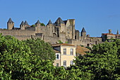  Houses along Rue Trivalle, in the background the Cité de Carcassonne, Aude department, Occitanie, France 