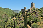 Burg Chateau de Cabaret mit dem Turm Tour Regine, Lastours, Montagne Noire, Nähe Carcassonne, Département Aude, Okzitanien, Frankreich