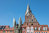 Historischer Springbrunnen am Marktplatz in Barth, Barth, Ostsee, Mecklenburg-Vorpommern, Deutschland