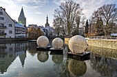  City view with decorative balls and lettering Soest at the Great Pond in Soest, North Rhine-Westphalia, Germany Sunrise,   