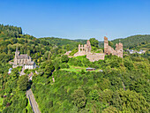 Blick auf die Burg Isenburg, Sayntal, Dierdorf, Kreis Neuwied, Westerwald, Rheinland-Pfalz, Deutschland