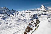  Alpine panorama with Matterhorn, Gornergrat location, Zermatt, Alps, Valais, Switzerland, Helvetia 
