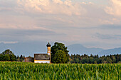 The little church &quot;St. John the Baptist&quot; on a summer evening, Raisting, Weilheim, Bavaria, Germany, Europe 