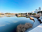  Lake in front of the National Museum, pagoda pavilion and urban skyscraper backdrop in winter sun, Seoul, South Korea, Asia 