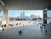  Entrance of the National Museum with view of skyscrapers, strolling visitors, Seoul, South Korea, Asia 