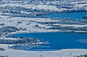  Deep view from Hörnle to snow-covered Staffelsee, Ammergau Alps, Upper Bavaria, Bavaria, Germany  