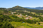 View over countryside to Ermida da Peneda from Castelo de Soutomaior castle, Pontevedra, Galicia, Spain