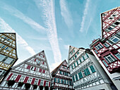  View from below of medieval half-timbered gables in Herrenberg, Baden-Württemberg, Germany 