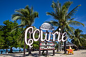 Sign for Cowrie Island and coconut trees, Honda Bay, near Puerto Princesa, Palawan, Philippines 