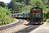 Zug kommt am Bahnsteig Bahnhof Ella, Badulla District, Uva Provinz, Sri Lanka, Asien an