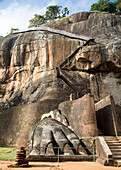 Metal staircase climbing to rock palace fortress, Sigiriya, Central Province, Sri Lanka, Asia