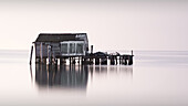 Blick auf Fischerhütte, Holzpfähle in der Lagune von Venedig, Pellestrina, Venetien, Italien, Europa