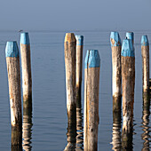 Blick auf Holzpfähle in einem Fischerhafen, Lagune von Venedig, Venetien, Italien, Europa