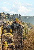  View from the Bastei Gorge Tower in autumn, Saxon Switzerland, Saxony, Germany 