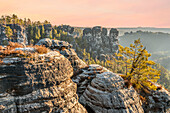  View from the Bastei Gorge Tower in autumn, Saxon Switzerland, Saxony, Germany 