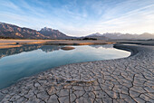  Pool of water in the dry Forggensee, Bavaria, Germany, Europe 