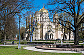  Nativity of Christ Cathedral with golden domes, largest Russian Orthodox church in the Baltics, Riga, Latvia 