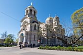  Nativity of Christ Cathedral with golden domes, largest Russian Orthodox church in the Baltics, Riga, Latvia 