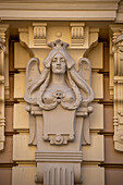  Meduse, detail of an Art Nouveau building designed by Michael Eisenstein in Alberta iela 13, buildings on this street are part of the Unesco World Heritage, Riga, Latvia 
