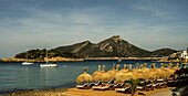 Sonnenschirme am Strand von Sant Elm, Blick auf die Bucht und die Insel Sa Dragonera, Mallorca, Spanien