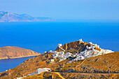 View of Chora village and Sifnos island in the distance, Chora, Serifos Island, Cyclades Islands, Greece\n