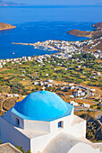 View of Livadi bay from the top of Chora village, Chora, Serifos Island, Cyclades Islands, Greece