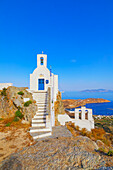 View of Agios Konstantinos church and Livadi bay in the distance, Chora, Serifos Island, Cyclades Islands, Greece