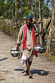 Älterer Mann trägt ein Tragjoch, eine Schultertrage mit Töpfen, Insel Bhagabatpur, in der Nähe von Lakshmipur, Patharpratima, Westbengalen, Indien, Asien