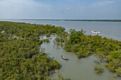 Luftaufnahme Sundarban-Mangrovengebiet mit Ausflugsboot auf dem Datta-Fluss, Pakhiralay, in der Nähe von Gosaba, South 24 Parganas District, Westbengalen, Indien, Asien