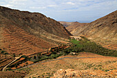 Dam and reservoir partially silted up by sediment, Presa de la Penitas, Fuerteventura, Canary Islands, Spain